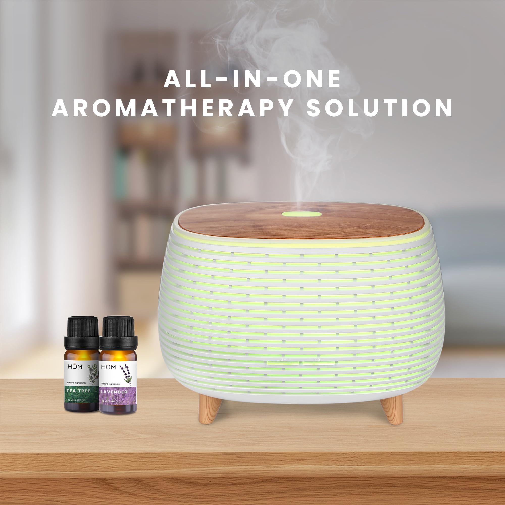 HŌM diffuser app control shown on phone enables scheduling scents easily.
