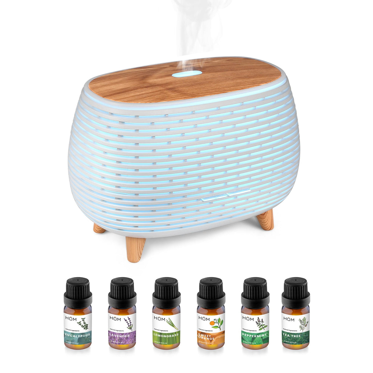 HŌM smart diffuser with aurora LED display creates calming, colorful ambience in any room.