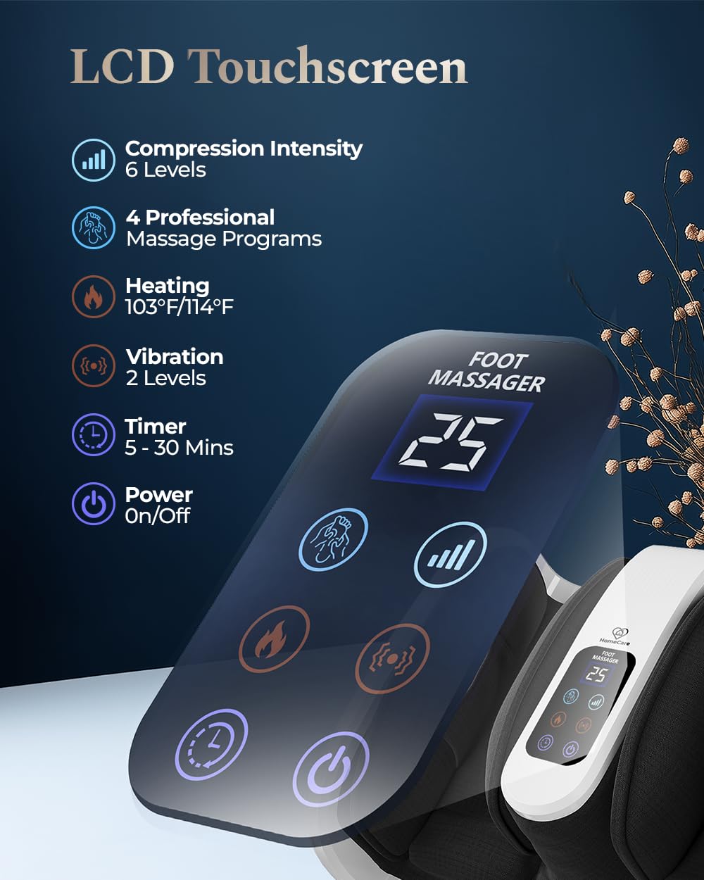 HomeCare Foot Massager delivers heated therapy at 103-114°F for soothing warmth