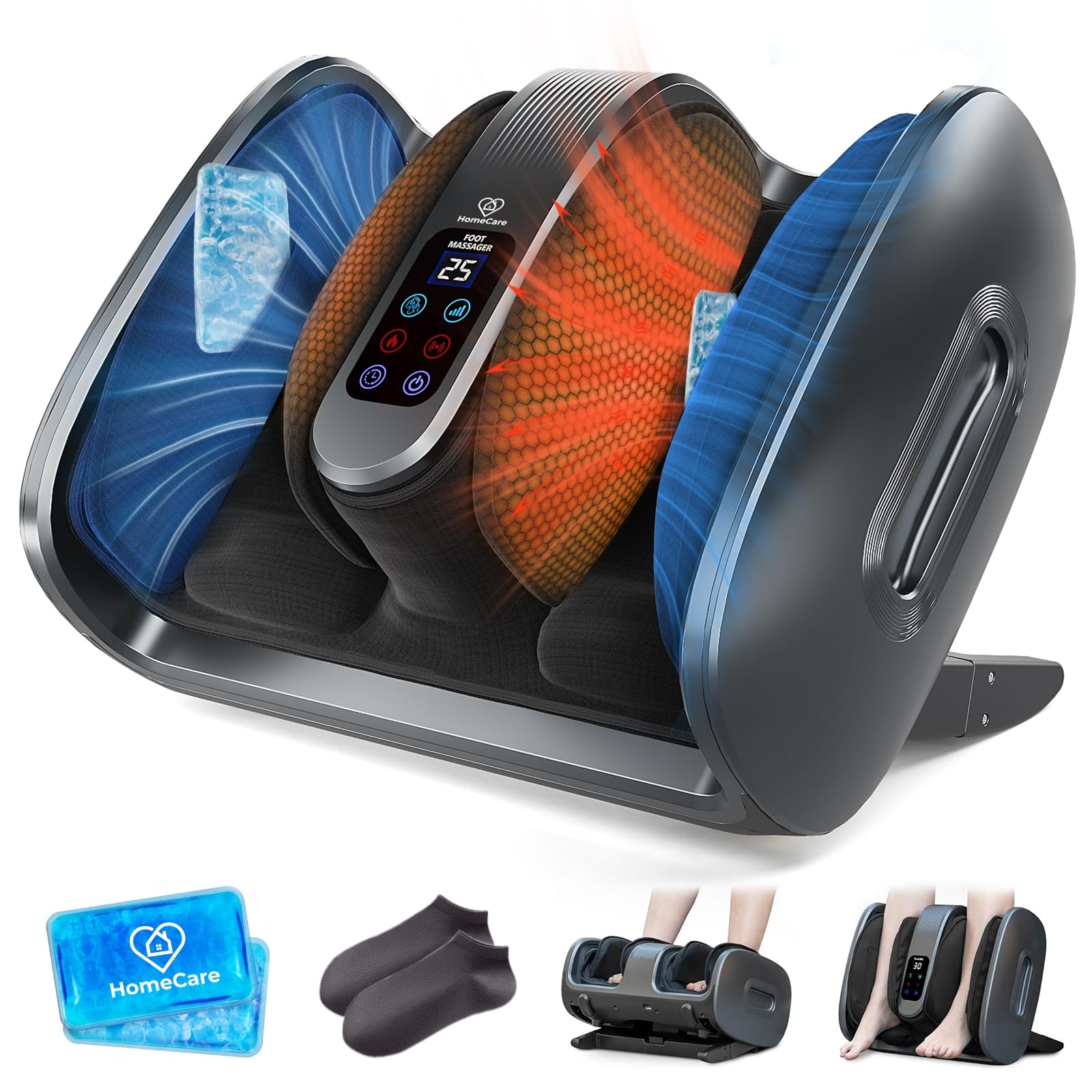 HomeCare Shiatsu Foot Massager front view with heat therapy for tired feet.
