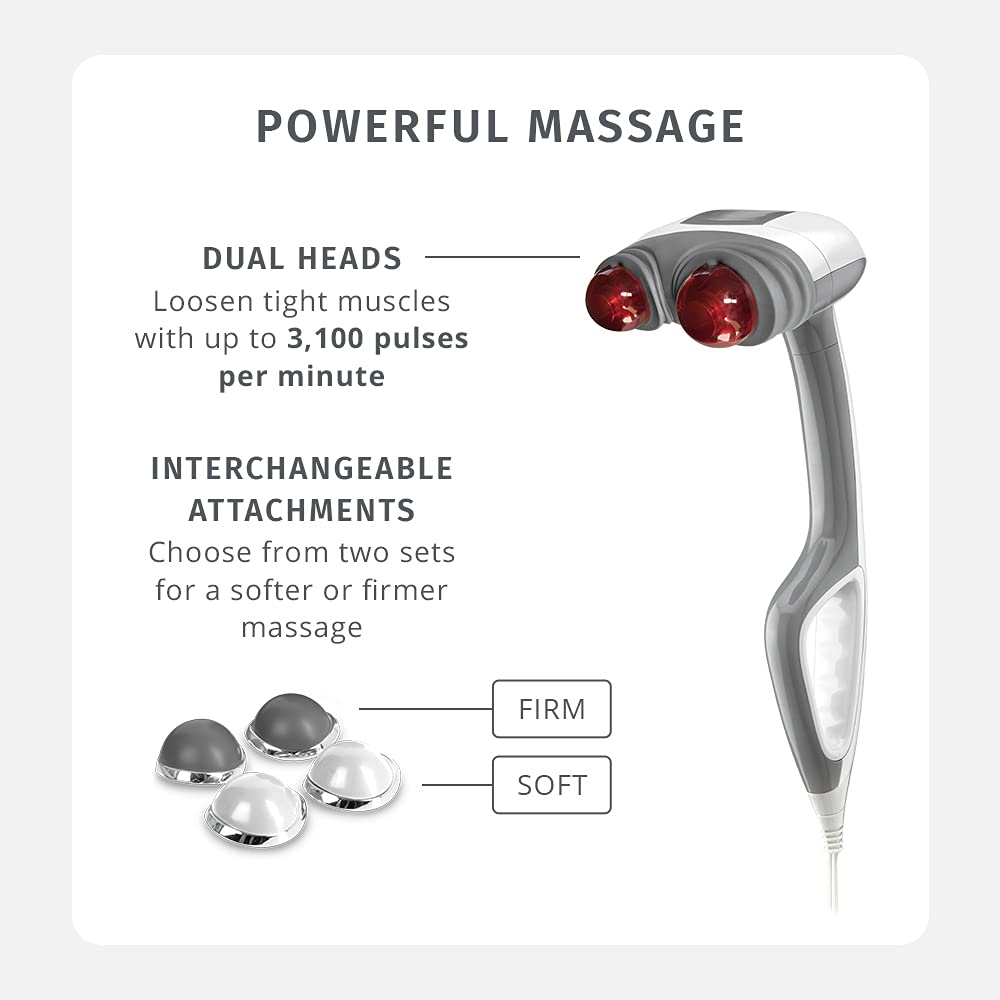 HoMedics back massager with dual pivoting heads for precise percussion.