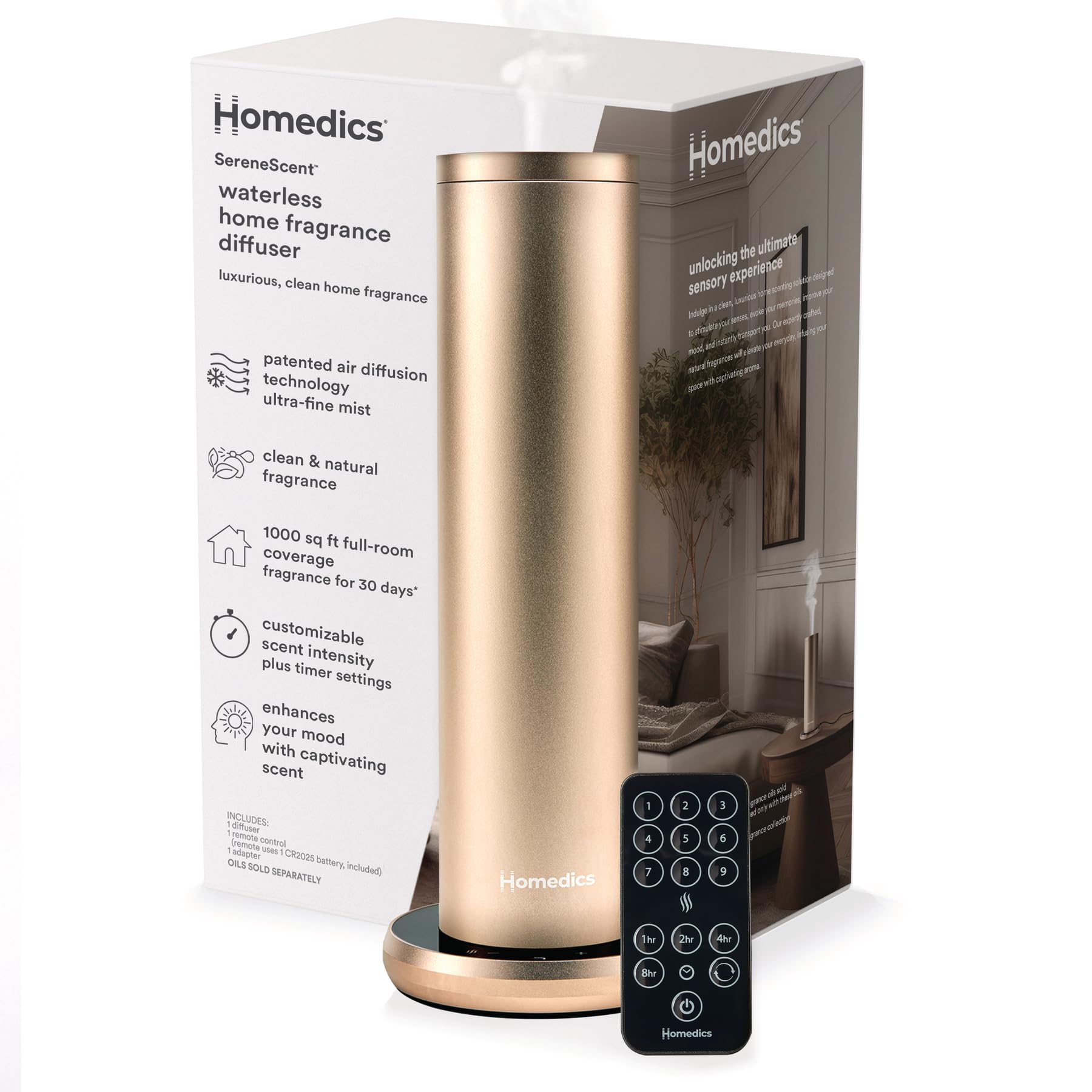 Homedics SereneScent waterless diffuser front view with champagne finish, ideal for rooms up to 1000 sq ft