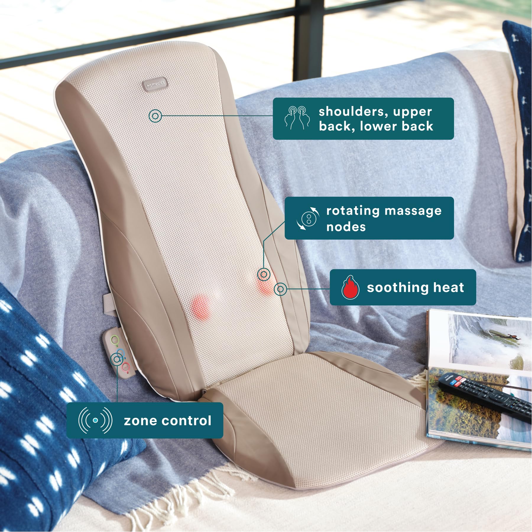Homedics Shiatsu cushion on chair highlighting massage nodes