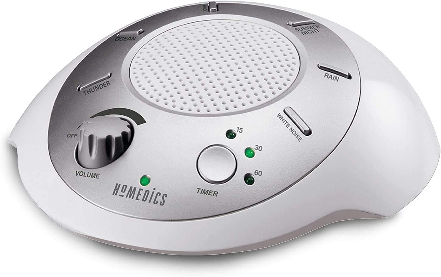 Homedics SoundSleep front view shows compact travel white noise machine for home or office