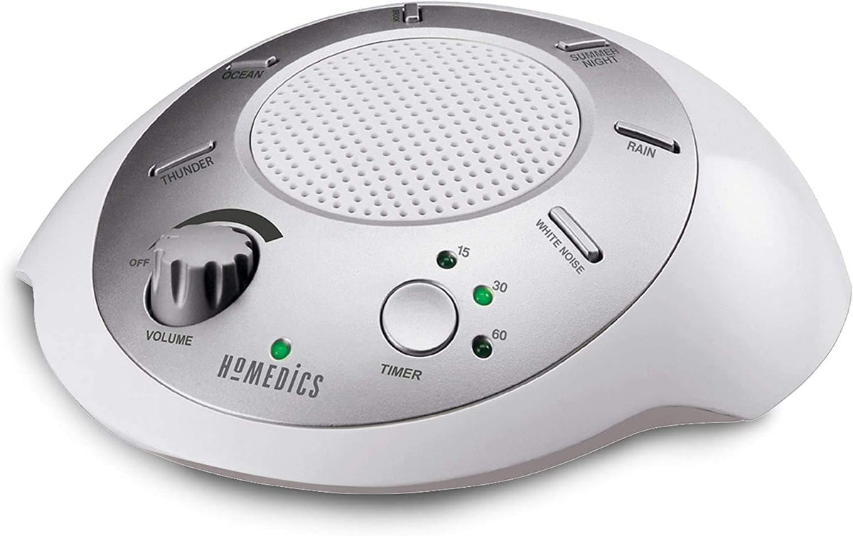 Homedics SoundSleep front view shows compact travel white noise machine for home or office