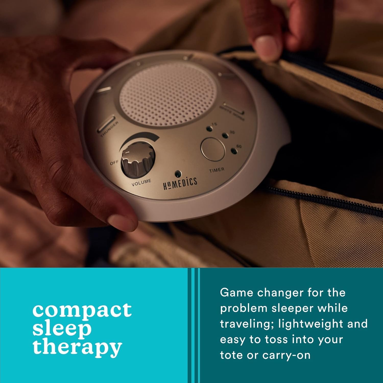 Homedics SoundSleep office scene highlights portable noise therapy