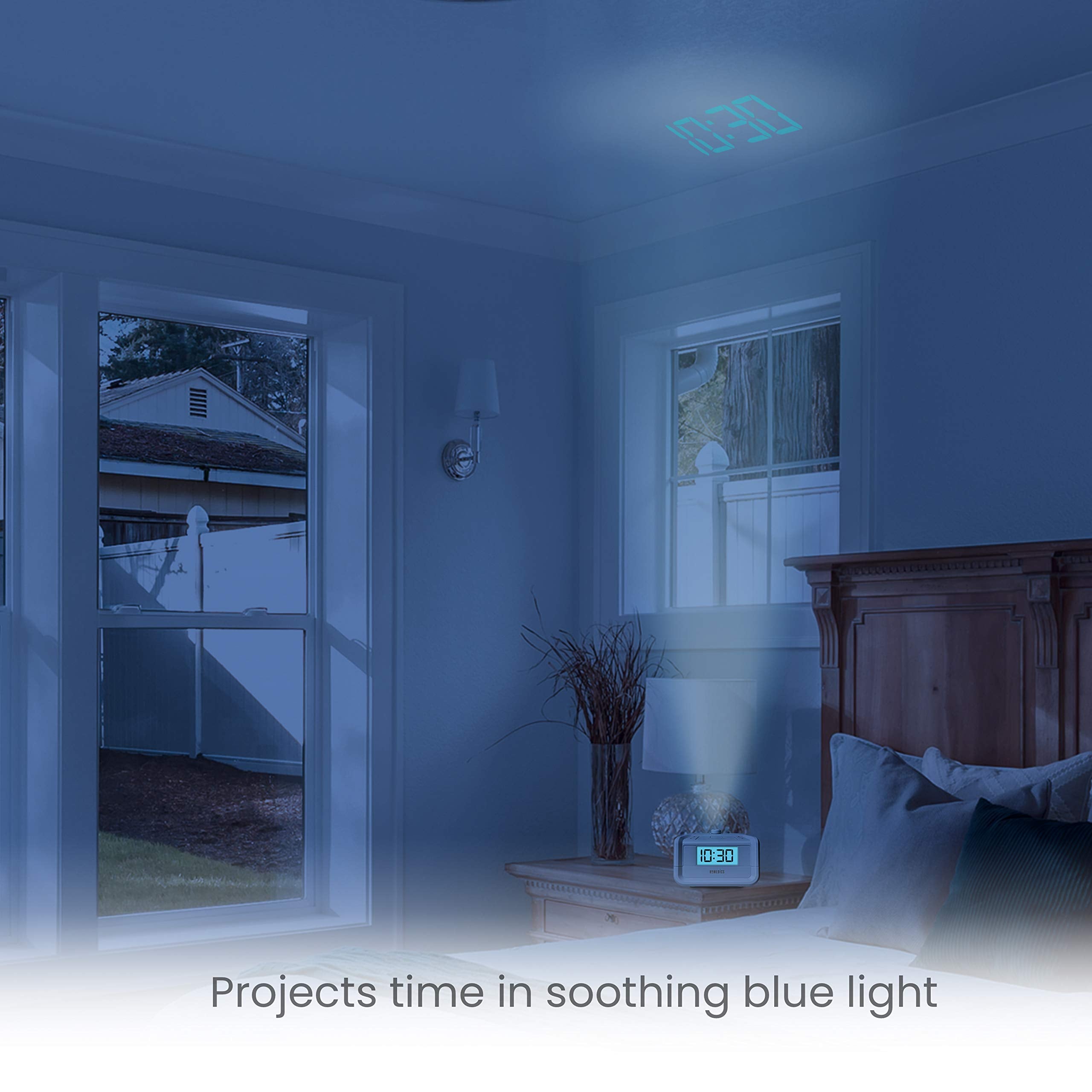 HoMedics SoundSpa time projection displaying blue time on ceiling for night viewing.