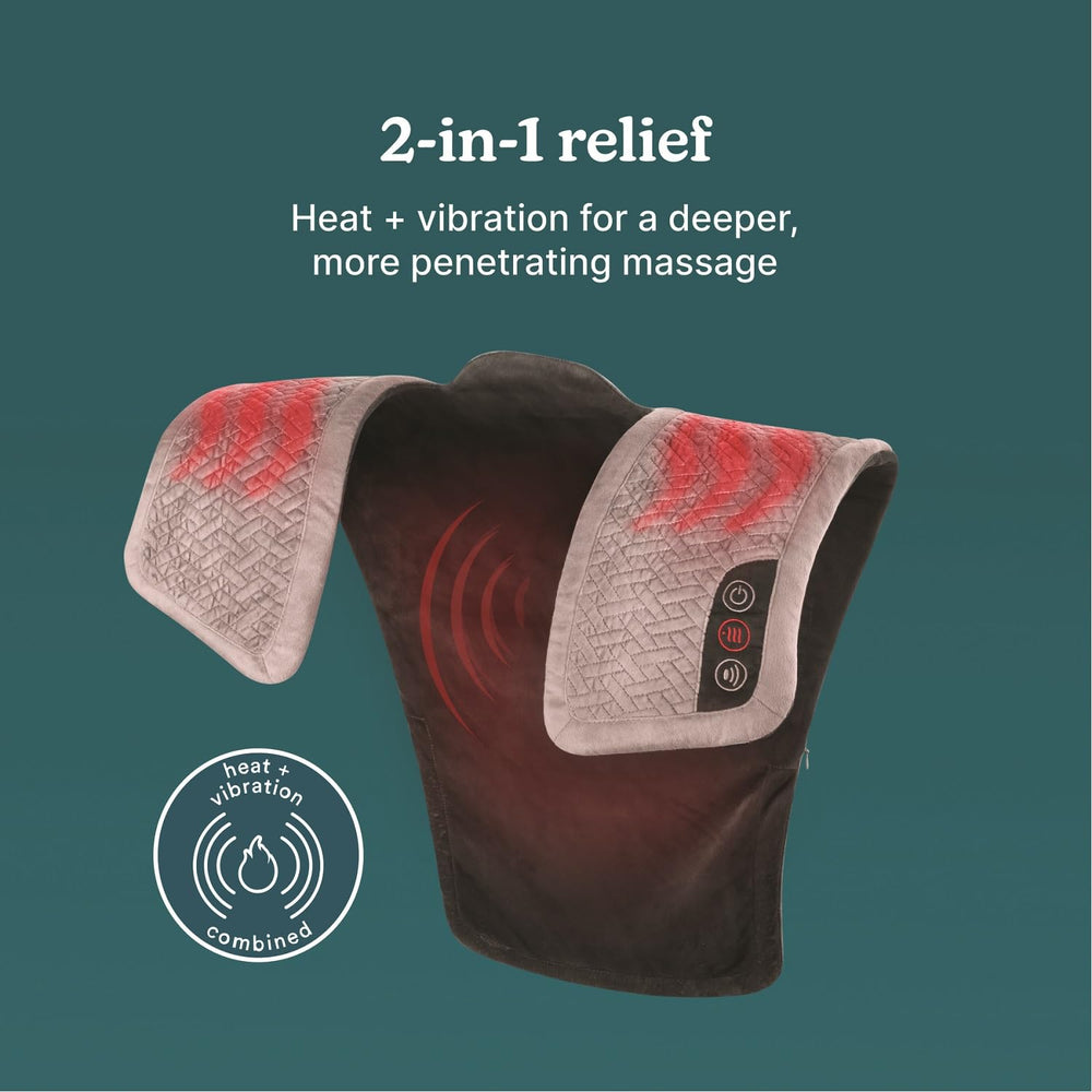 Homedics wrap on shoulders during relaxation on couch