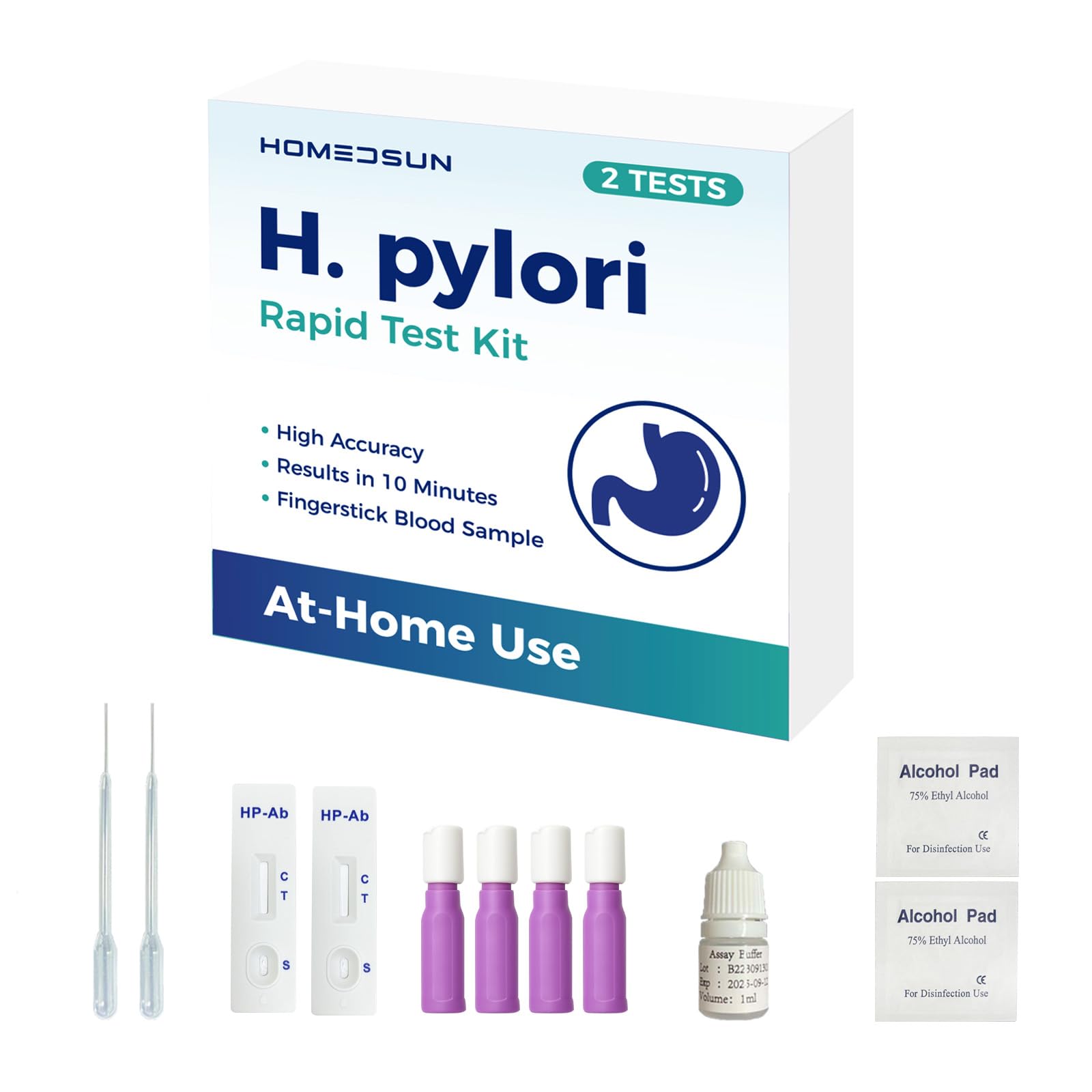 HOMEDSUN H. Pylori test kit packaging ready for quick home screening.