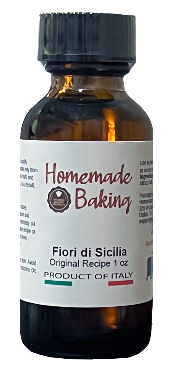 Homemade Baking Fiori di Sicilia bottle close-up; rich citrus aroma for cakes and pastries