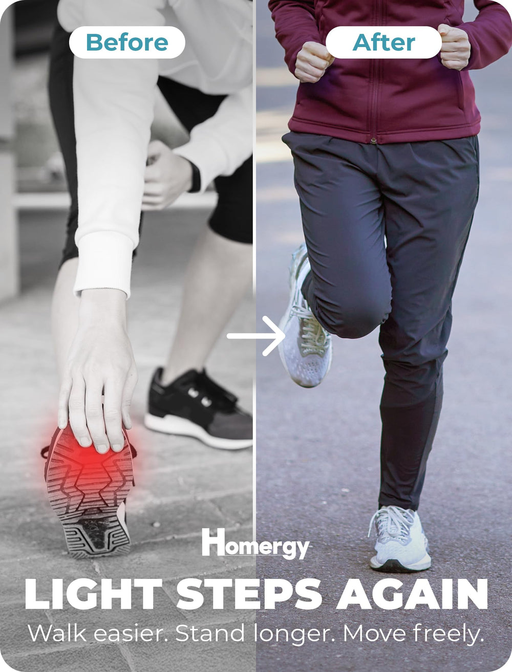 Homergy Metatarsal Foot Pads worn in shoes for daily relief.