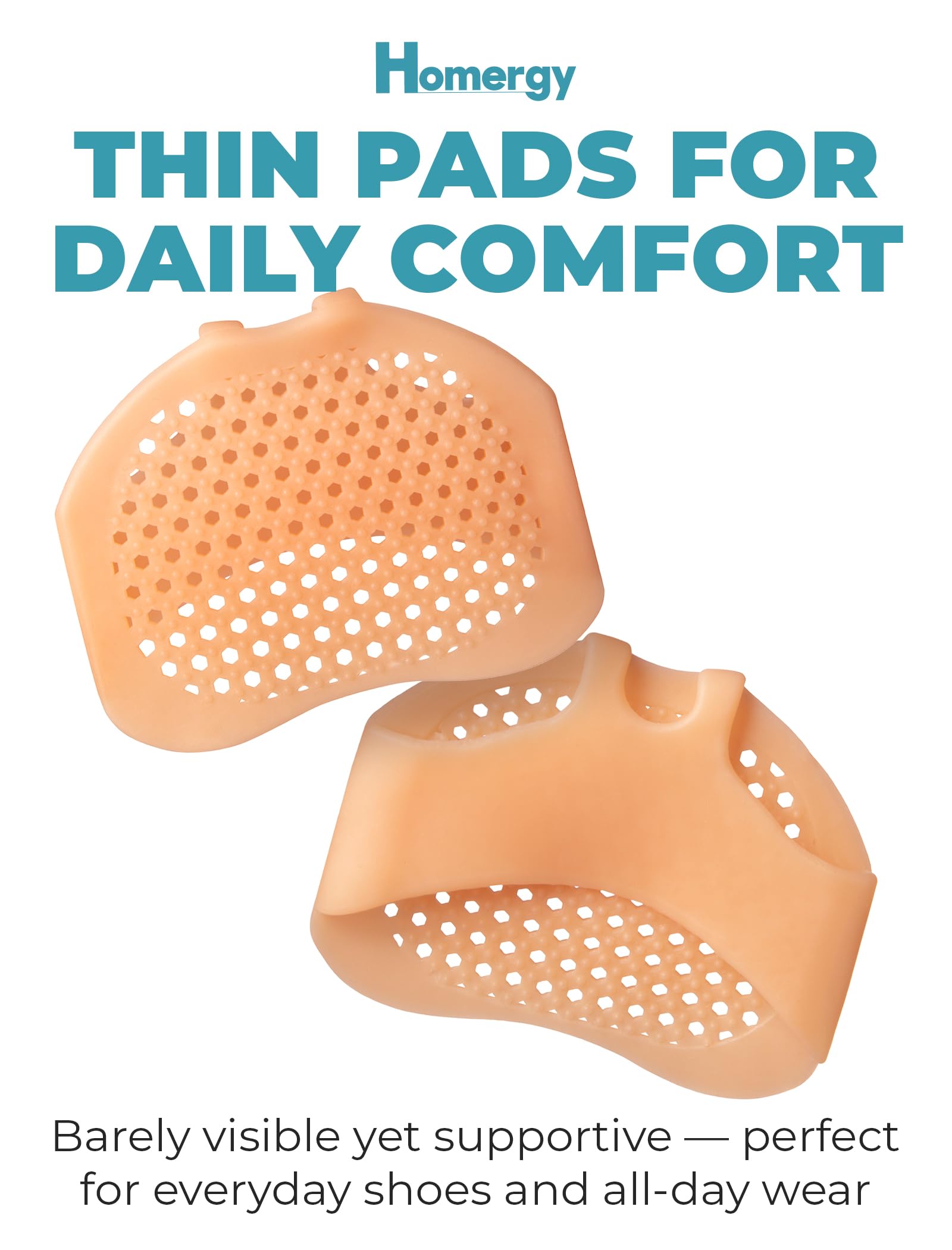 Homergy Metatarsal Foot Pads in use with heels for steady comfort.