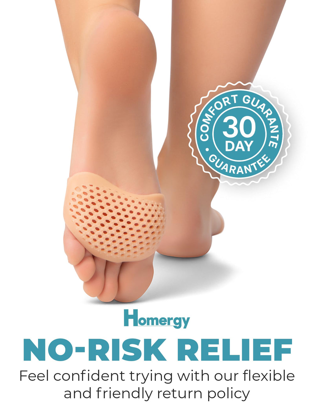 Homergy Metatarsal Foot Pad closeup shows medical-grade silicone for durable cushioning.