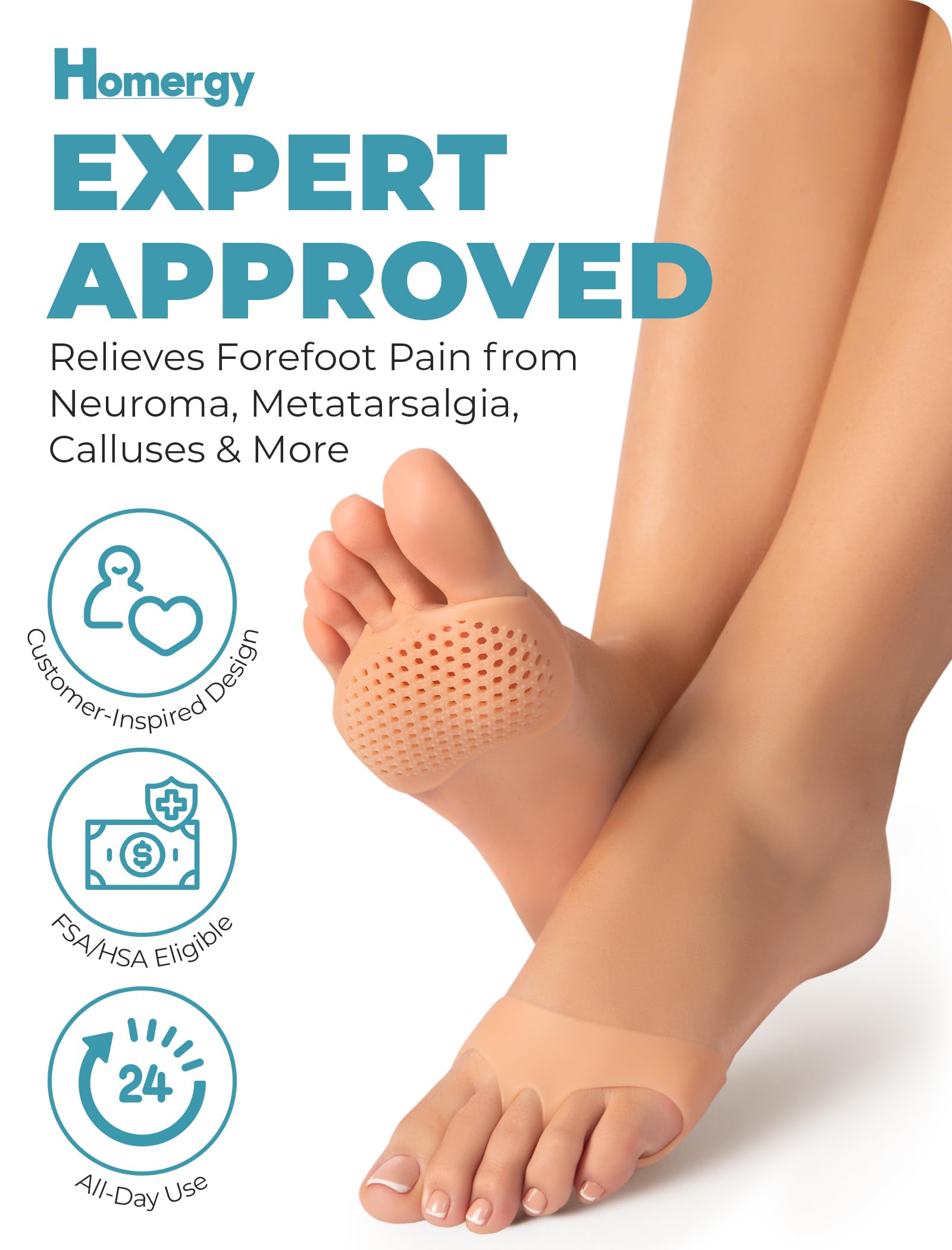 Homergy Metatarsal Foot Pad ultra-thin sleeve design for discreet underfoot support.