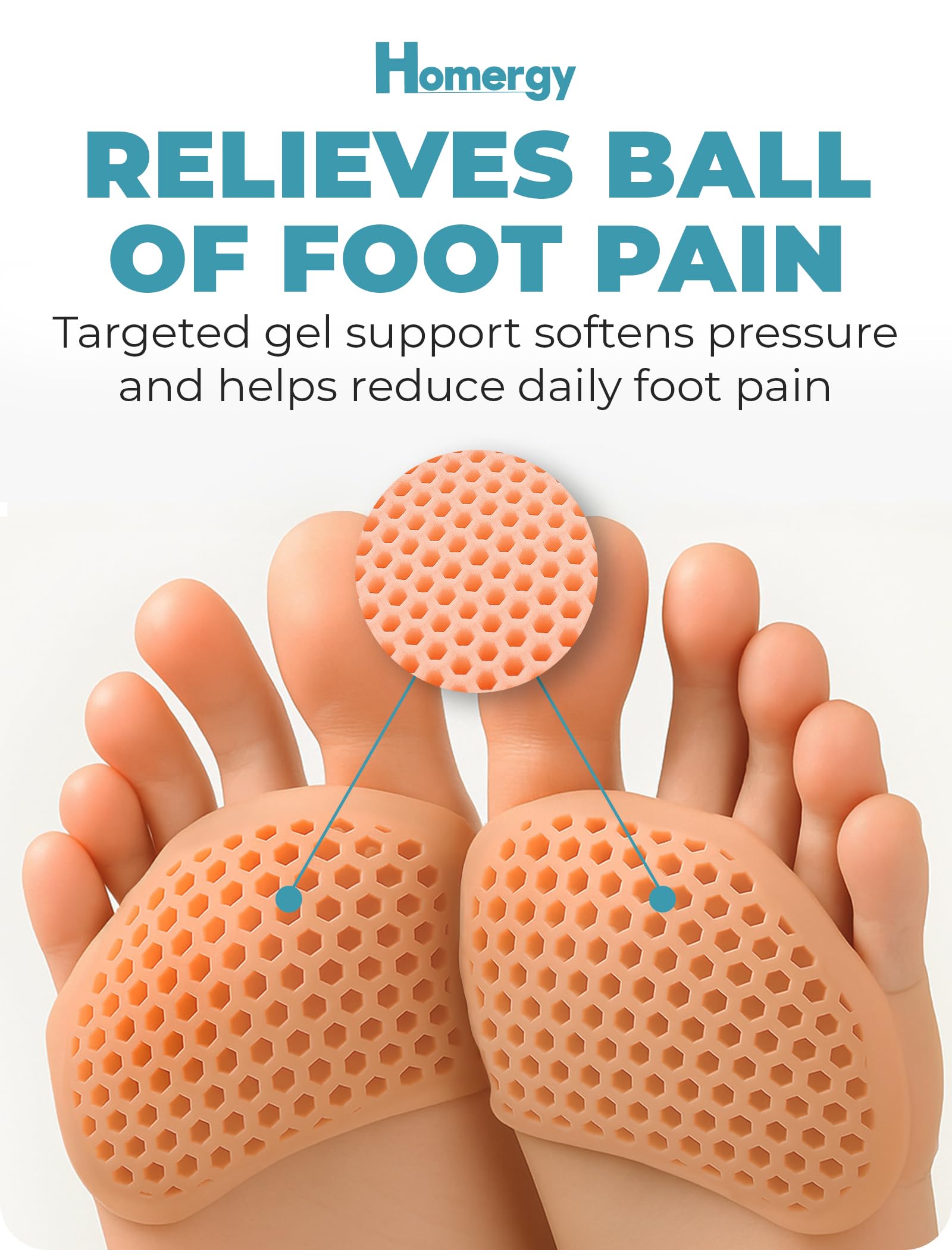 Homergy Metatarsal Foot Pad vented cushion maintains comfort during long standing.