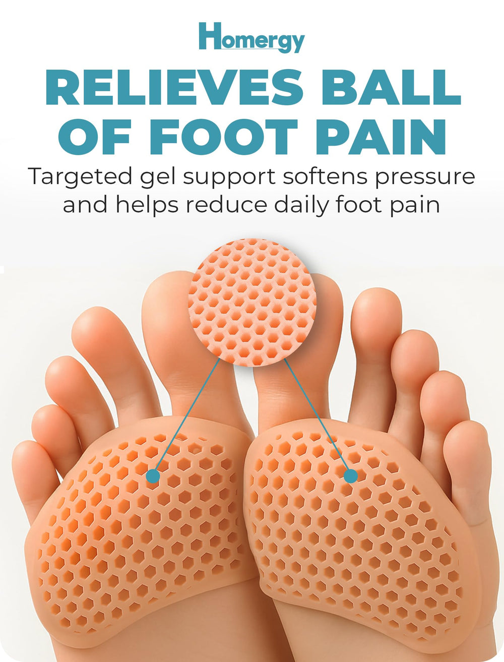 Homergy Metatarsal Foot Pad vented cushion maintains comfort during long standing.