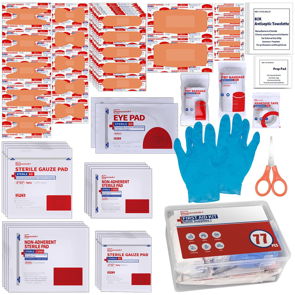 Homestockplus botiquín relleno 77 piezas, vista frontal, ideal para emergencias en casa