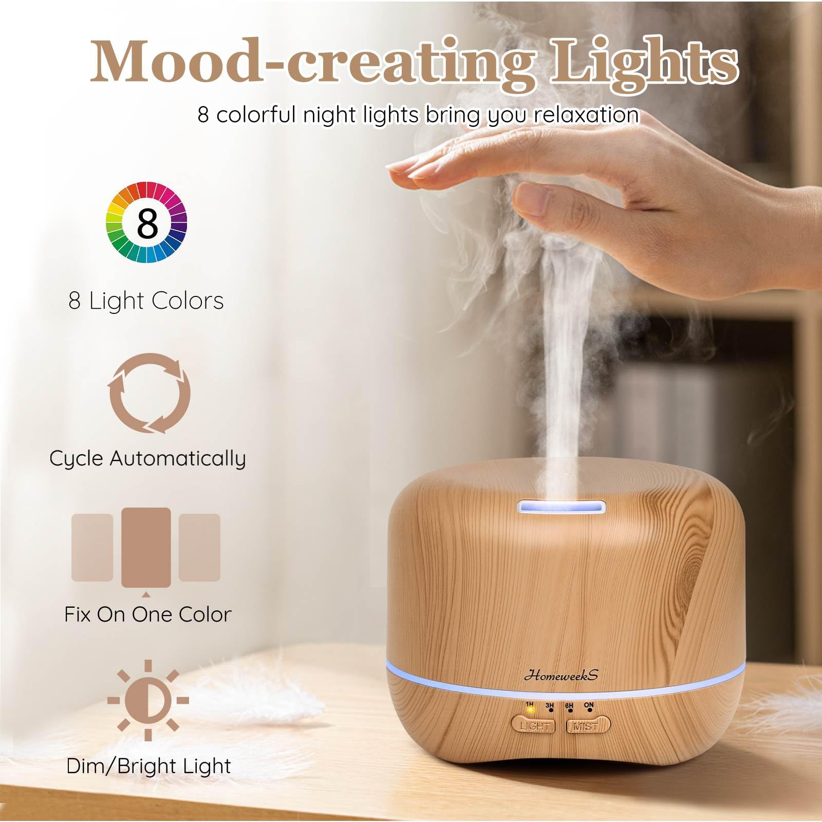 Homeweeks diffuser humidifier provides mild aroma and breathable air feel.
