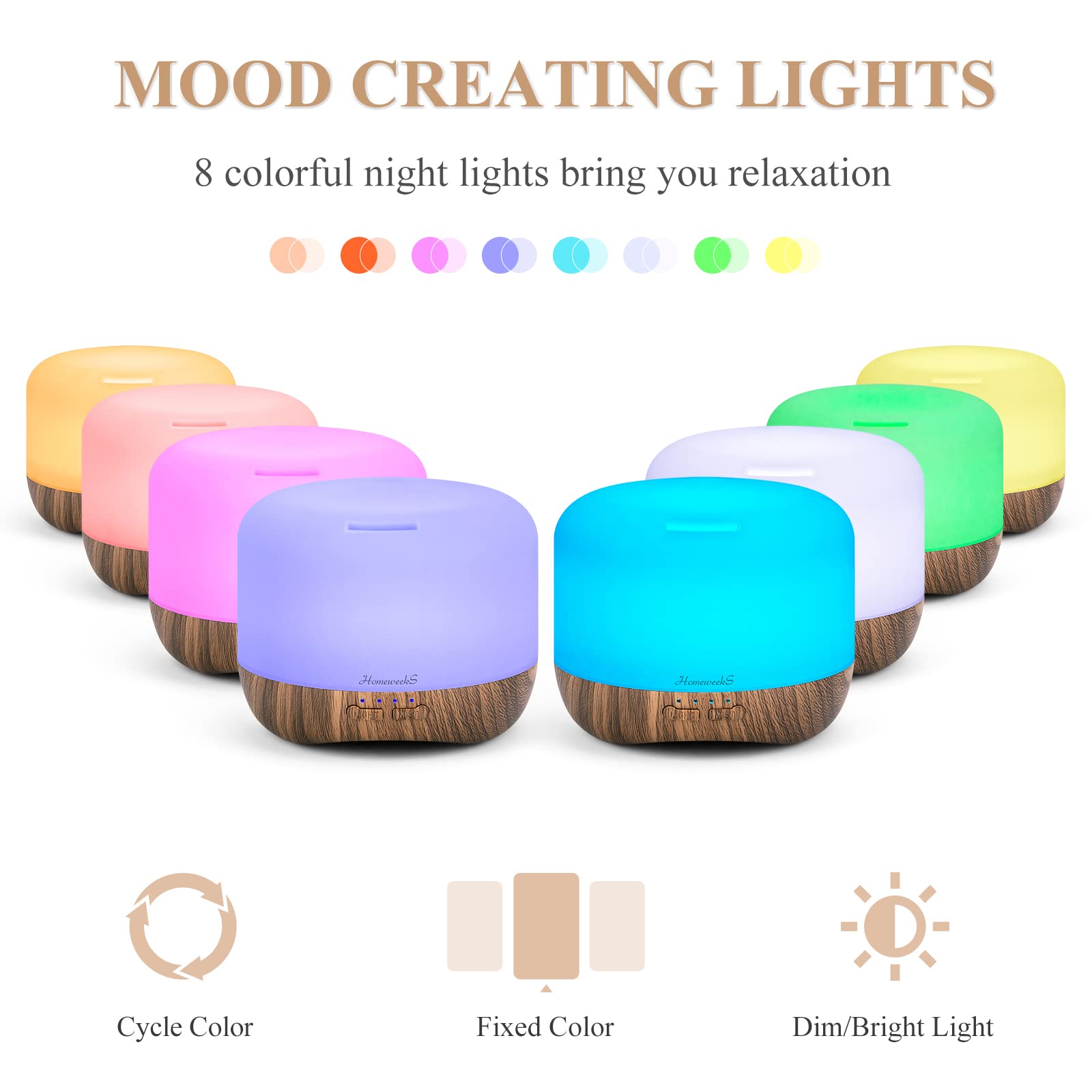 Homeweeks diffuser eight-color LED lights create mood lighting options.