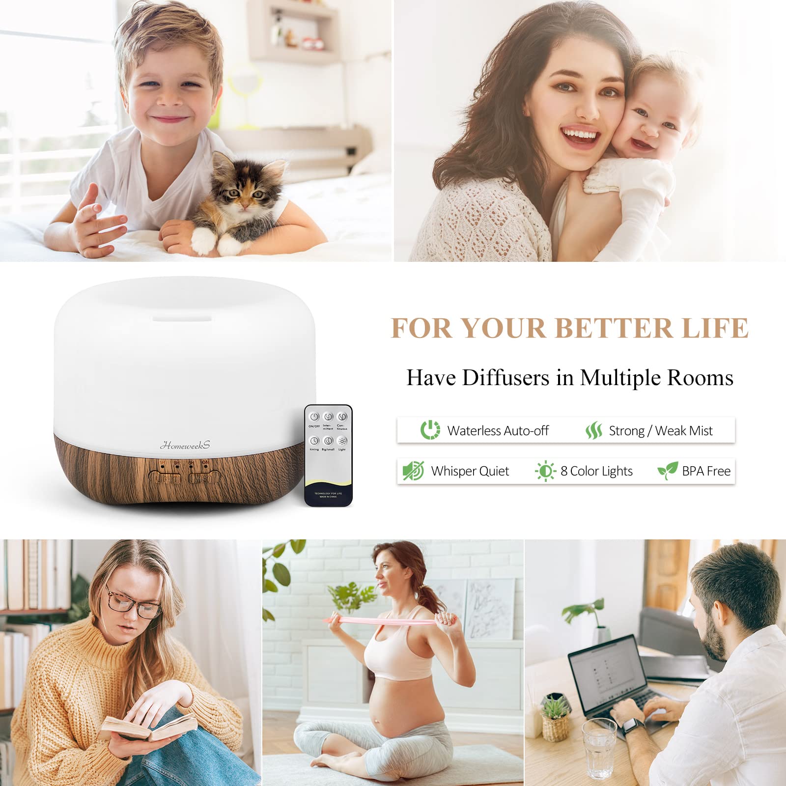 Homeweeks diffuser 500ml water tank in use for long-lasting fragrance sessions.