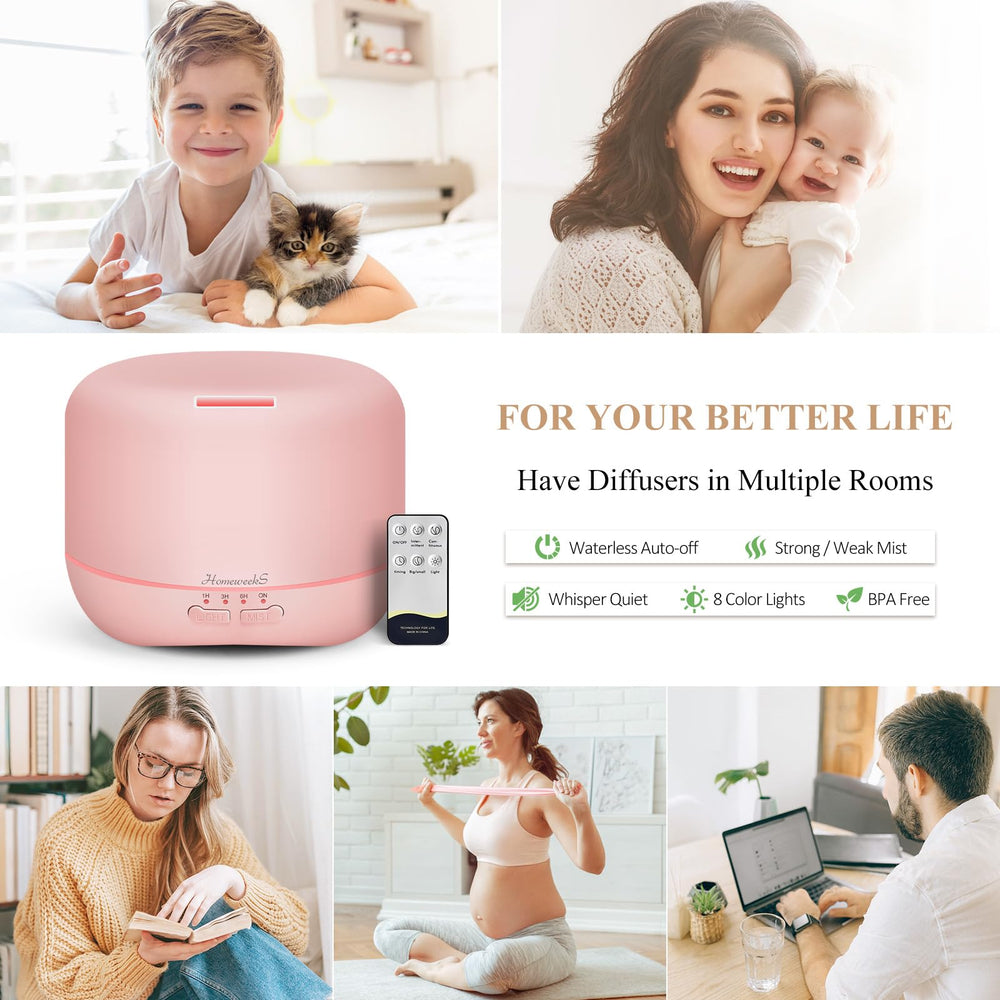Homeweeks aromatherapy diffuser 500ml pink light optional, enhances mood with calming LED hues.