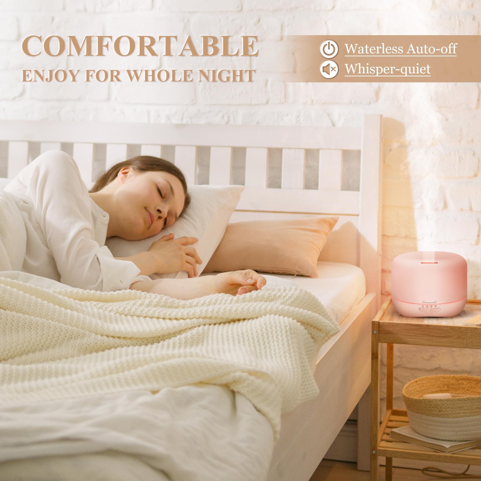 Homeweeks pink diffuser, ultra-quiet, ideal for bedtime routines and calming evenings.