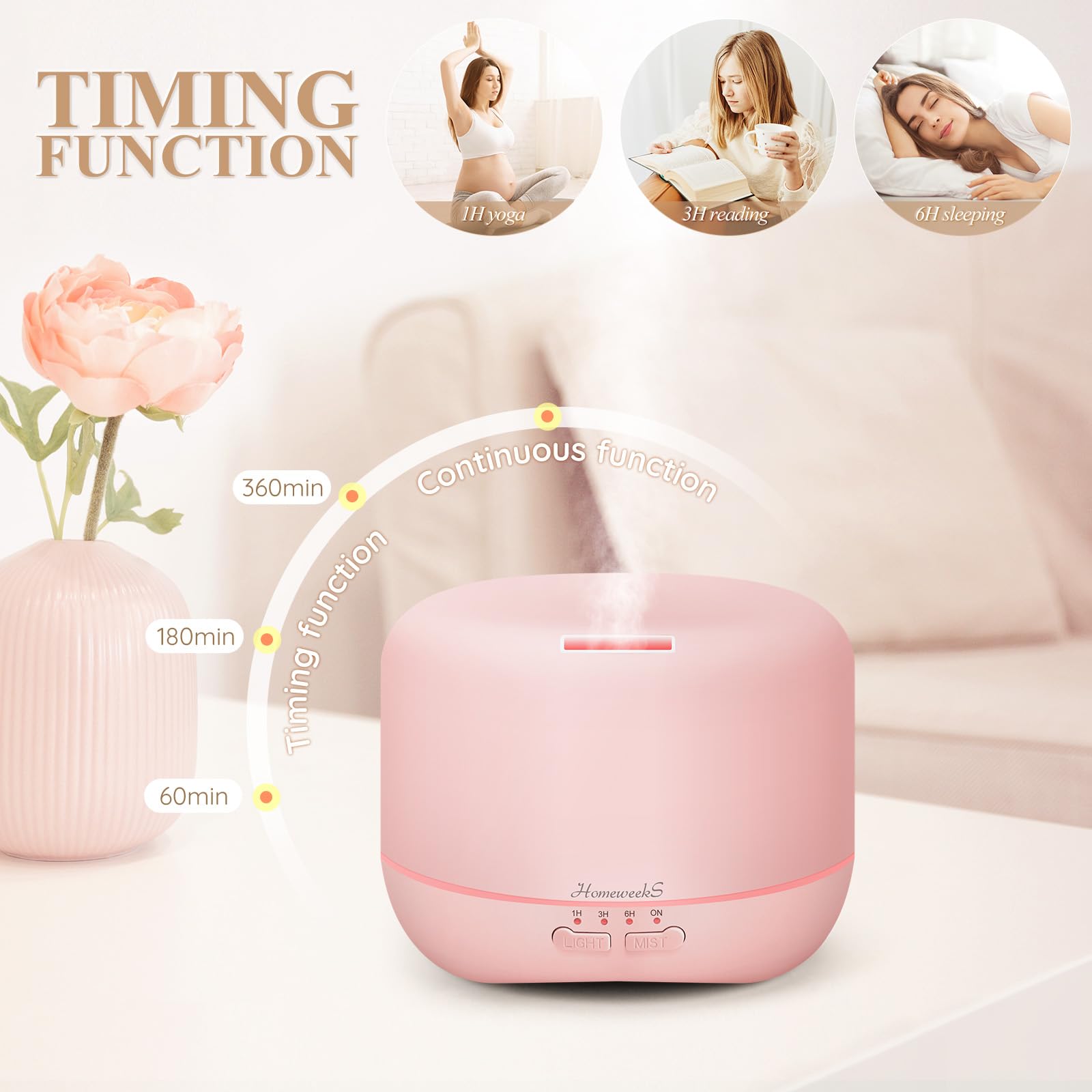Homeweeks ultrasonic diffuser with pink finish, quiet operation for bedrooms or offices.