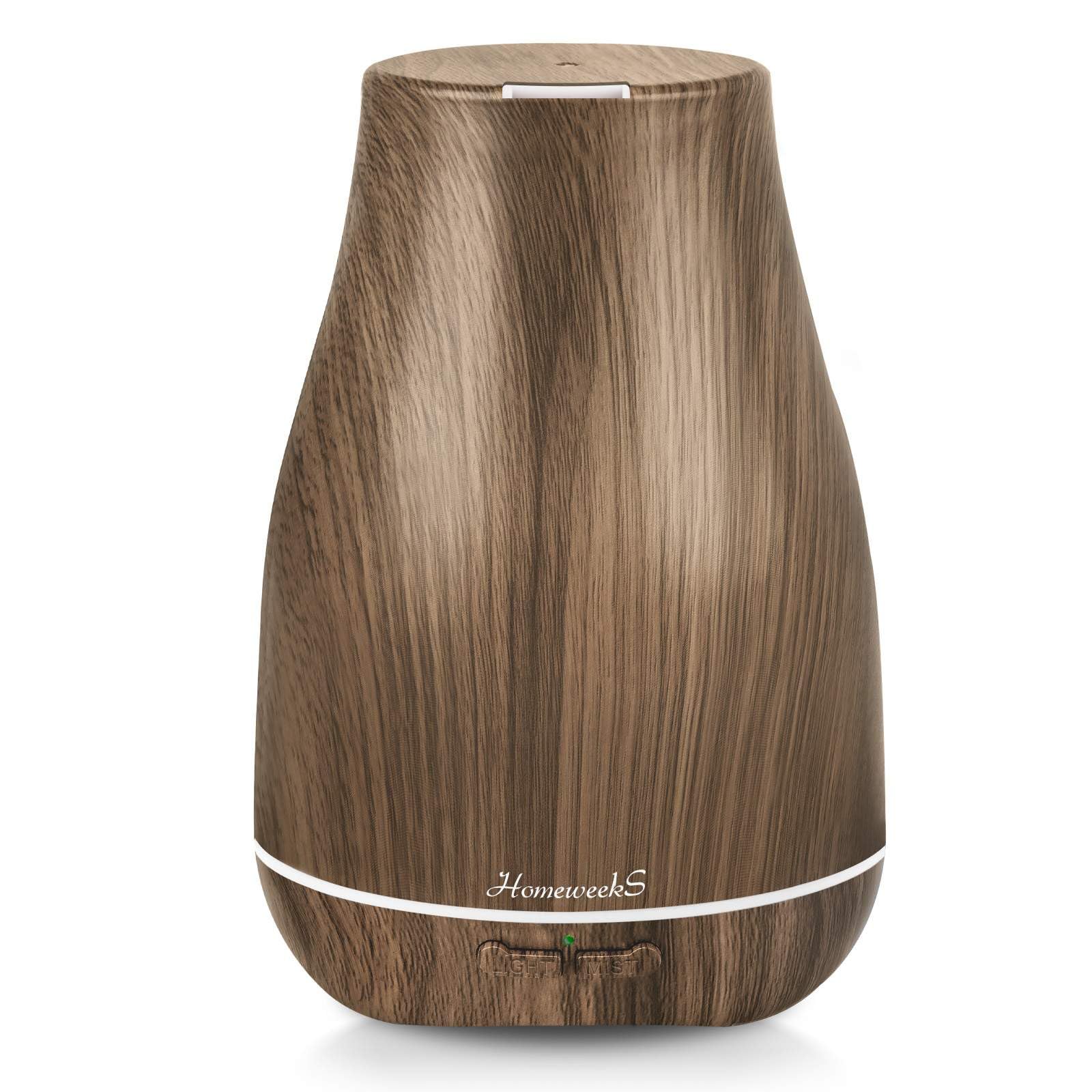 Homeweeks aromatherapy diffuser in brown wood grain finish for calming ambiance.