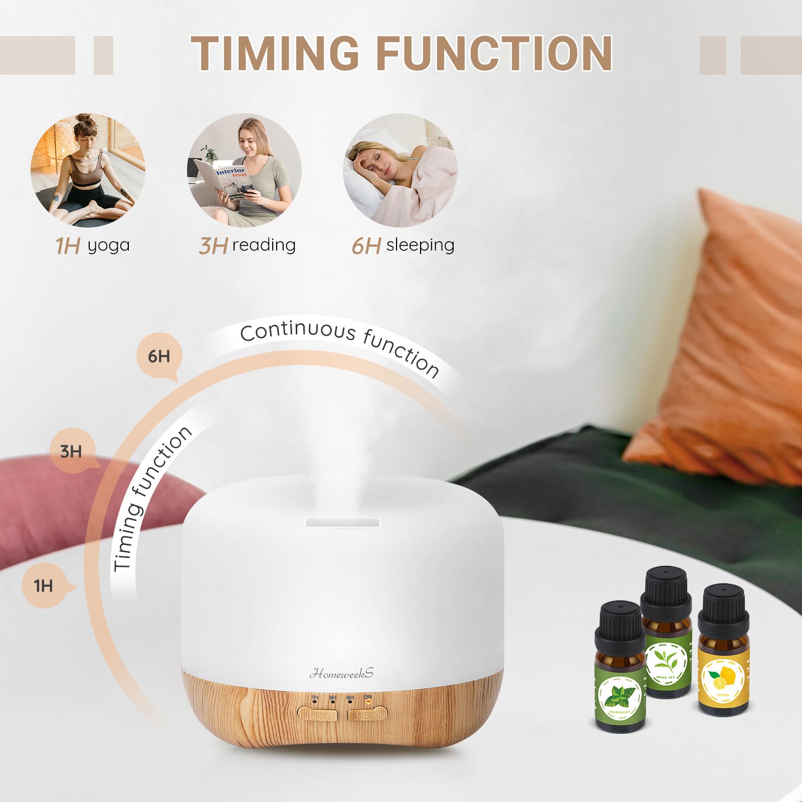 Homeweeks low-noise diffuser maintains calm with gentle mist.