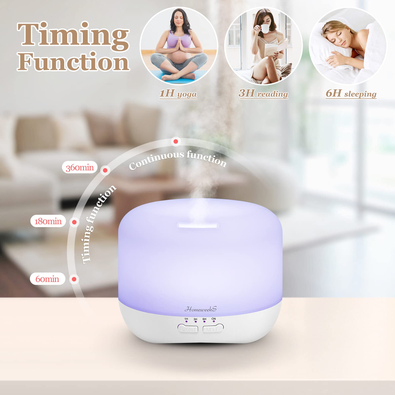 Homeweeks Aromatherapy Diffuser silent-operation ensures peaceful nights.