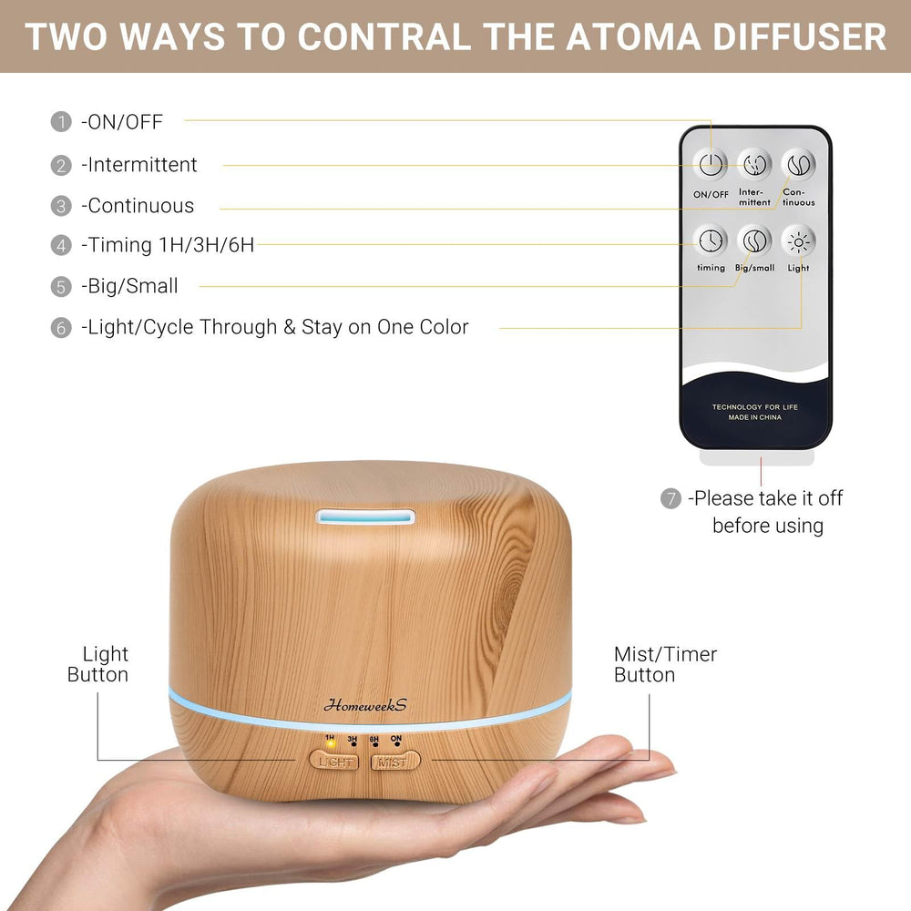 Homeweeks diffuser timer function enables scheduled aromatherapy sessions.