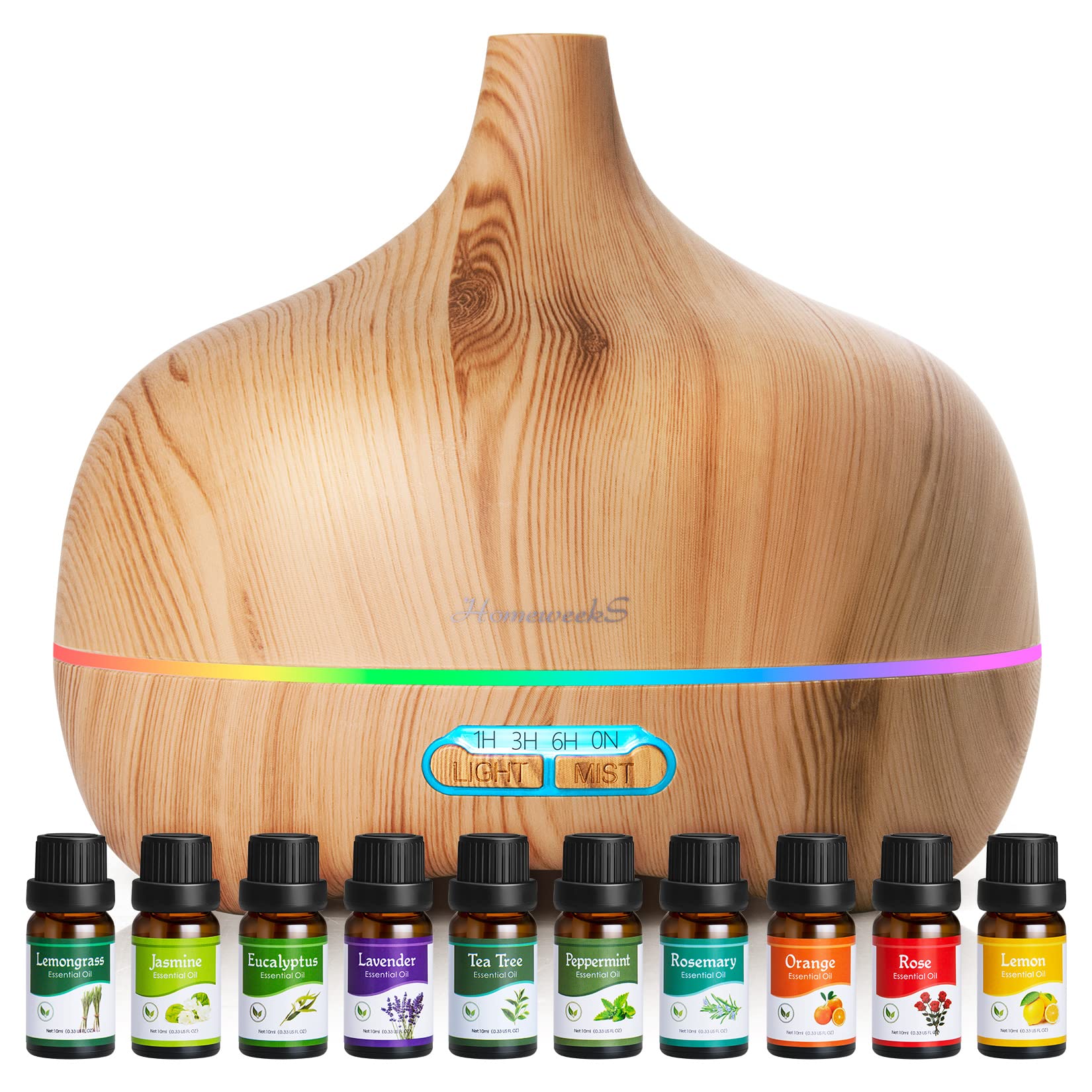 Homeweeks essential oil diffuser front view with 550ml capacity for large rooms.