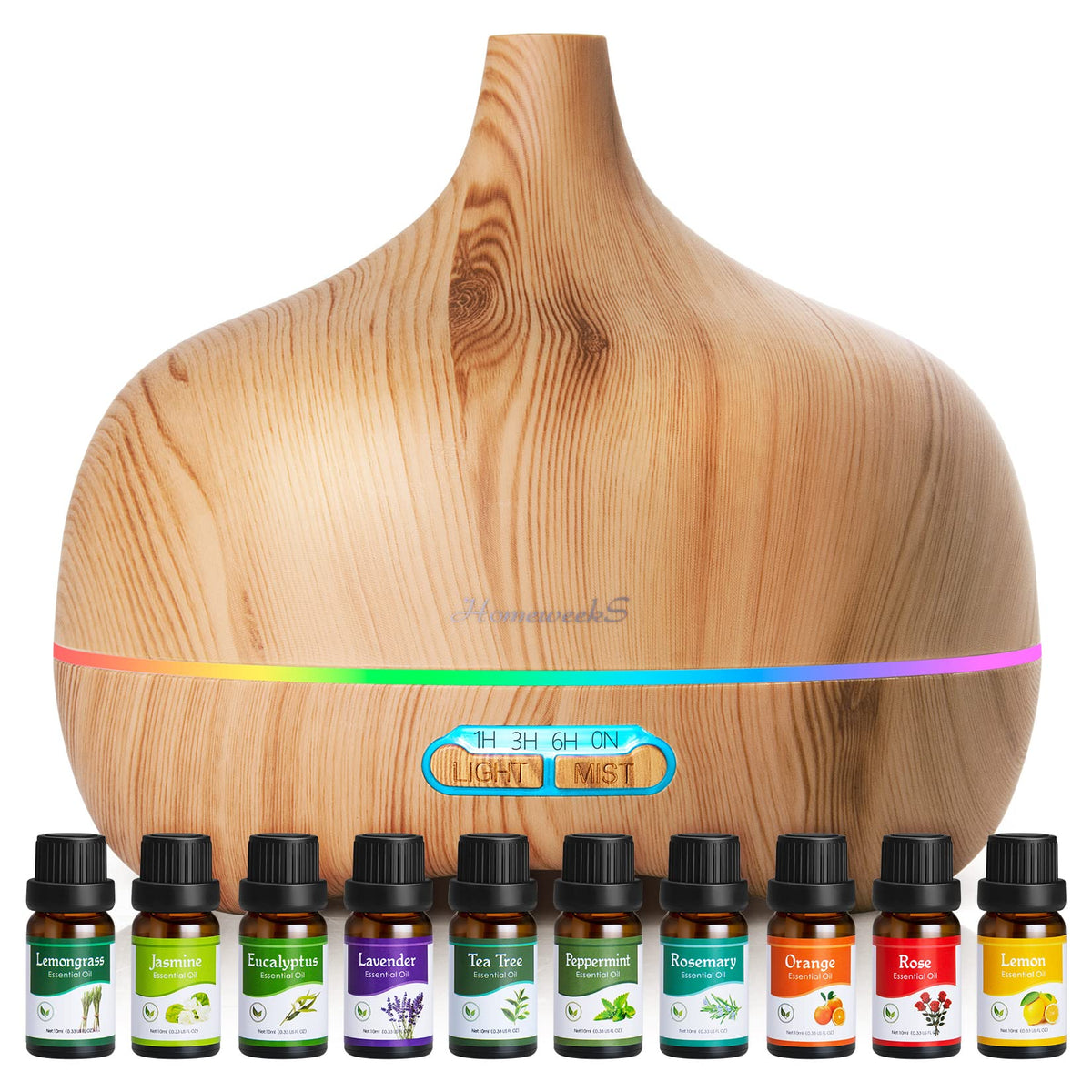 Homeweeks essential oil diffuser front view with 550ml capacity for large rooms.