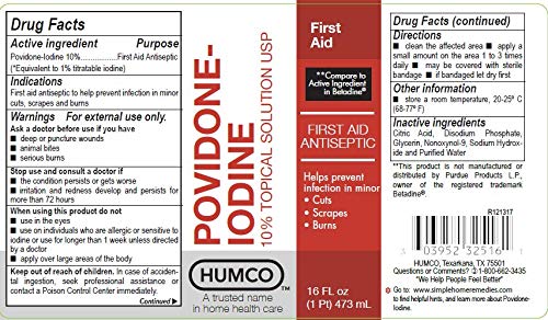 Homko povidone iodine 16oz bottle shown for home first aid use