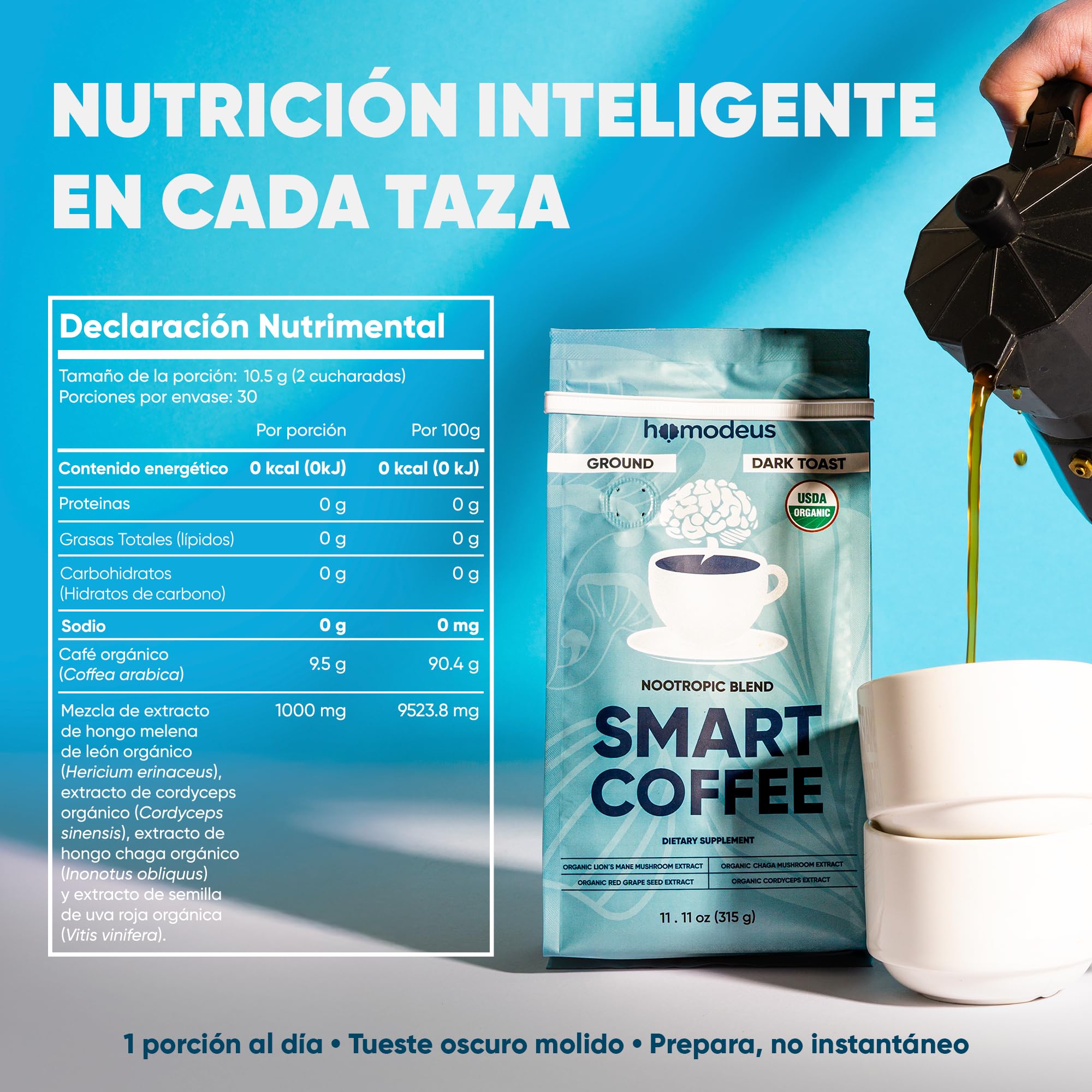 HOMODEUS mushroom coffee with Chaga and Cordyceps supporting daily stamina.
