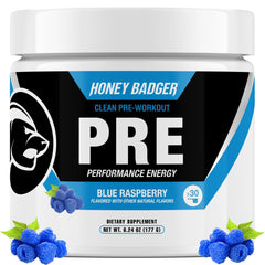 Honey Badger pre-workout blue raspberry powder for fast, clean energy before training.
