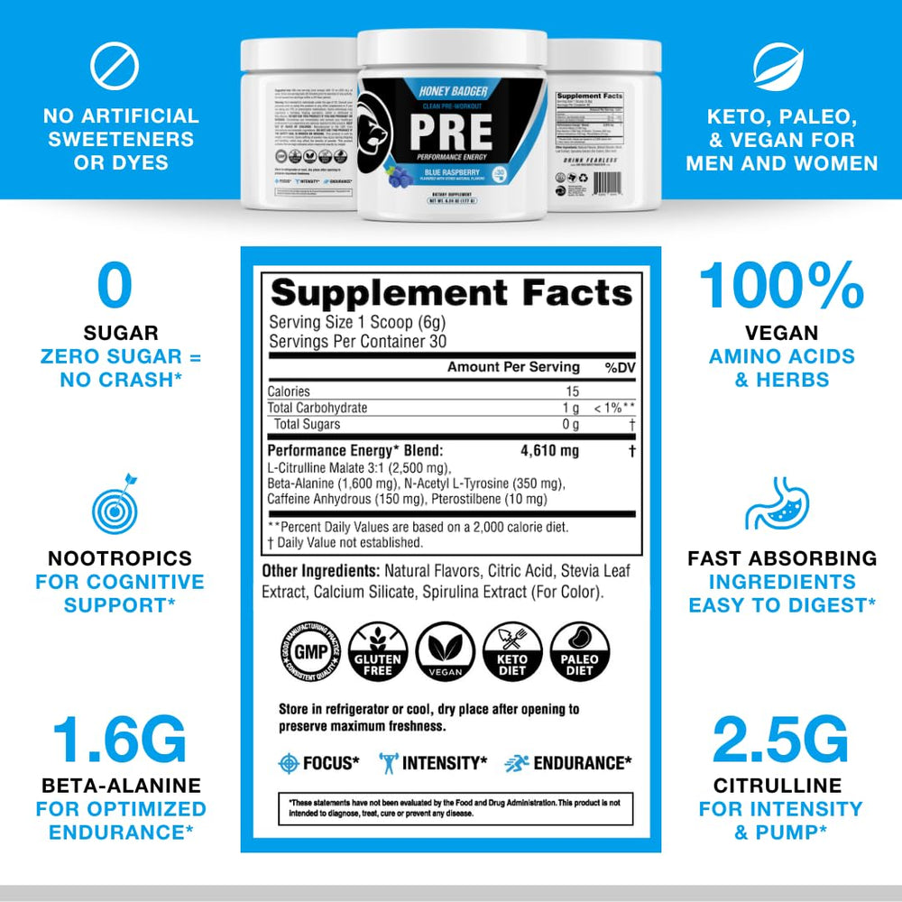 Honey Badger pre-workout poured into a glass for quick energy before training.