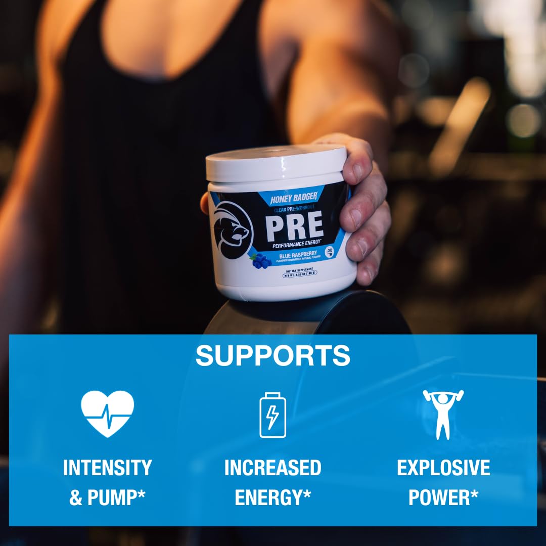 Honey Badger pre-workout scoop shows precise serving for consistent dosing.