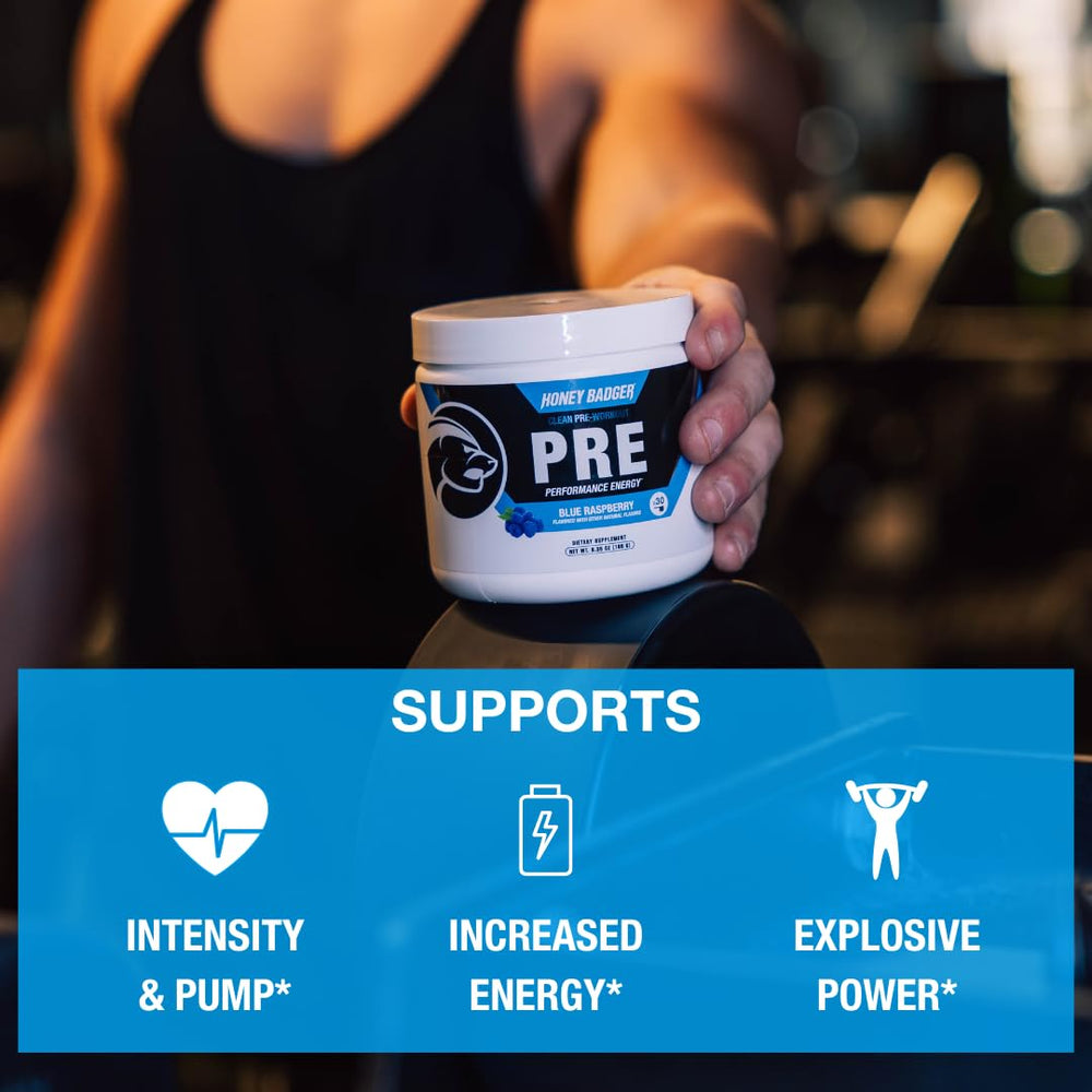 Honey Badger pre-workout scoop shows precise serving for consistent dosing.