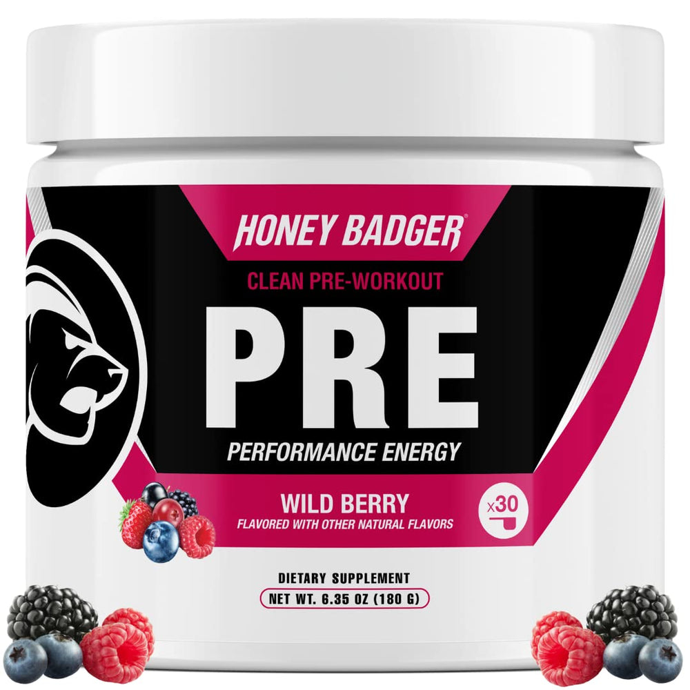 Honey Badger Wild Berry pre-workout bottle promotes clean energy for workouts.