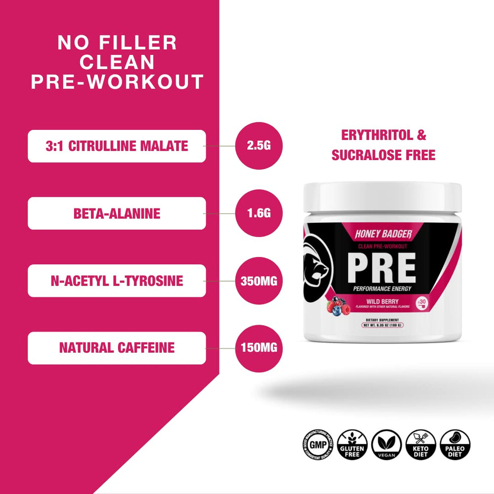 Honey Badger Wild Berry pre-workout scoop ready for quick servings.