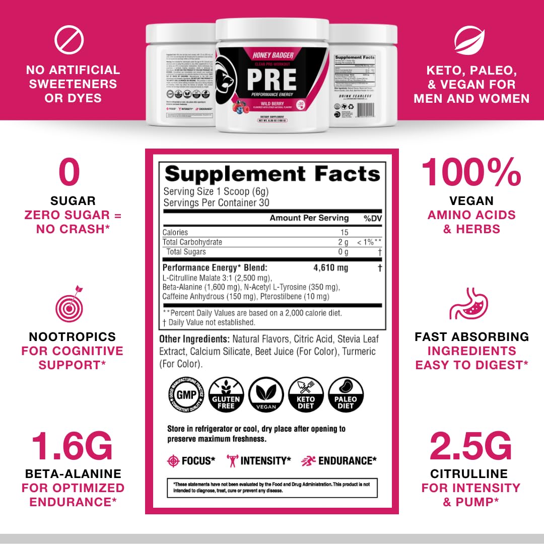 Honey Badger Wild Berry serving shot shows easy mixing for energy boosts.