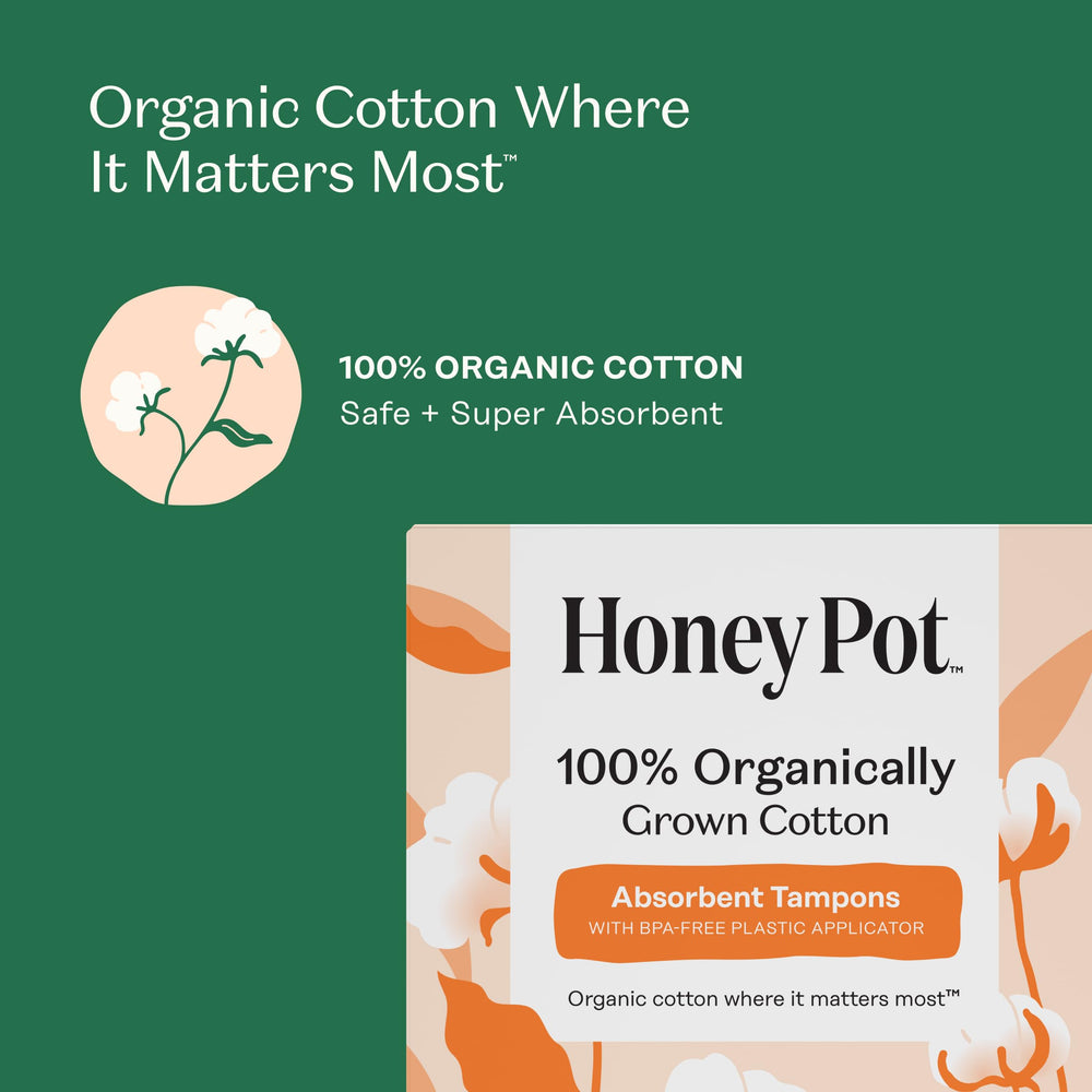 Tampon with textured grip biodegradable applicator by The Honey Pot Co for easy insertion.