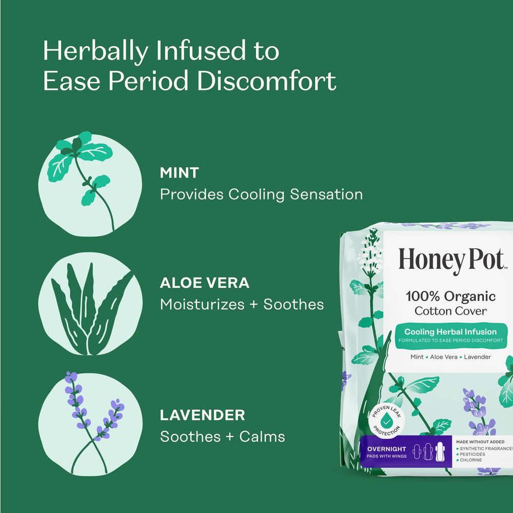 The Honey Pot pads infused with essential oils delivering a refreshing cooling sensation