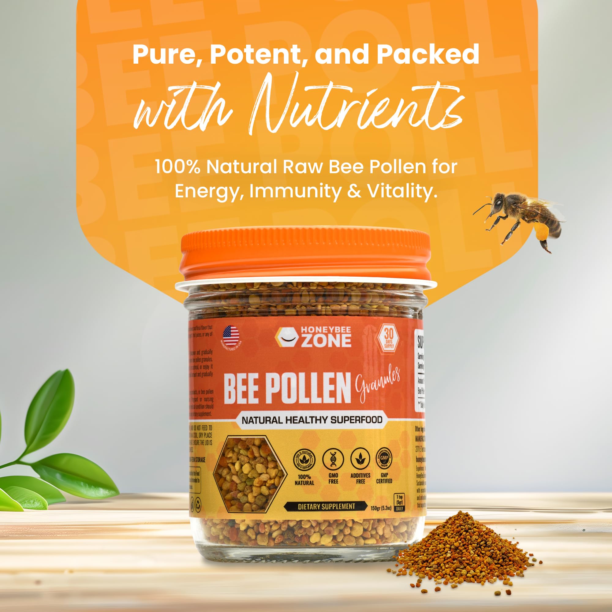 HONEYBEEZONE bee pollen granules close-up highlighting natural texture and nutrients.