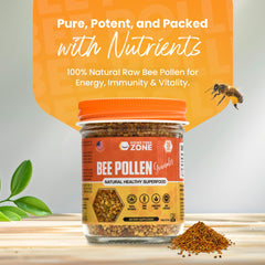 HONEYBEEZONE bee pollen granules close-up highlighting natural texture and nutrients.