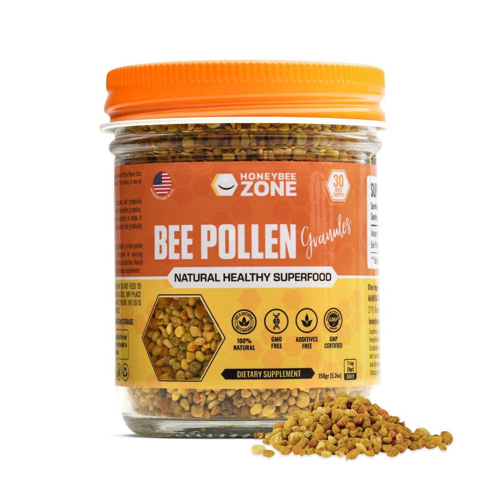 HONEYBEEZONE raw bee pollen granules in a jar provide a natural energy boost.