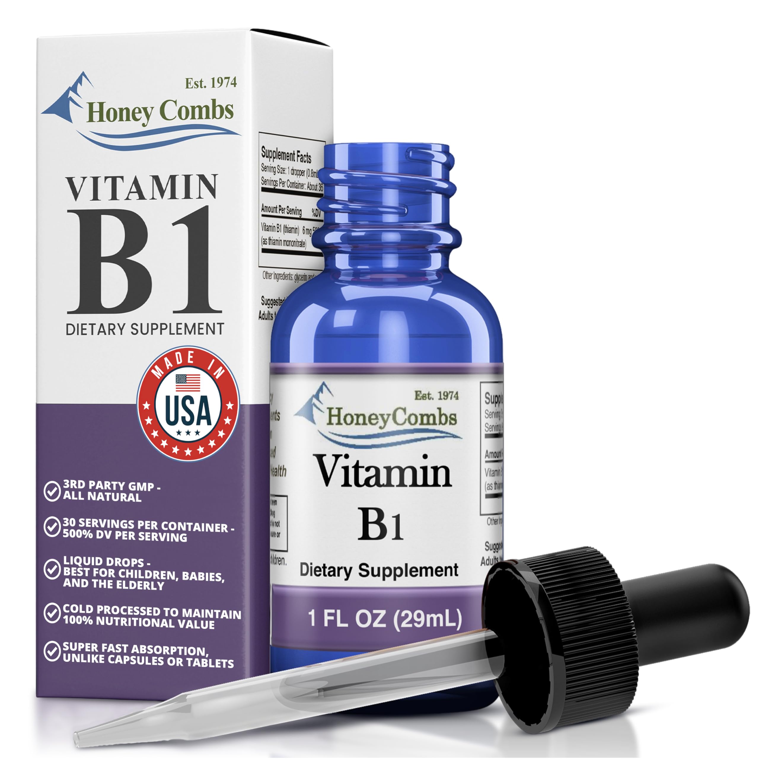 HoneyCombs Vitamin B1 drops bottle on table, highlighting easy daily energy support.