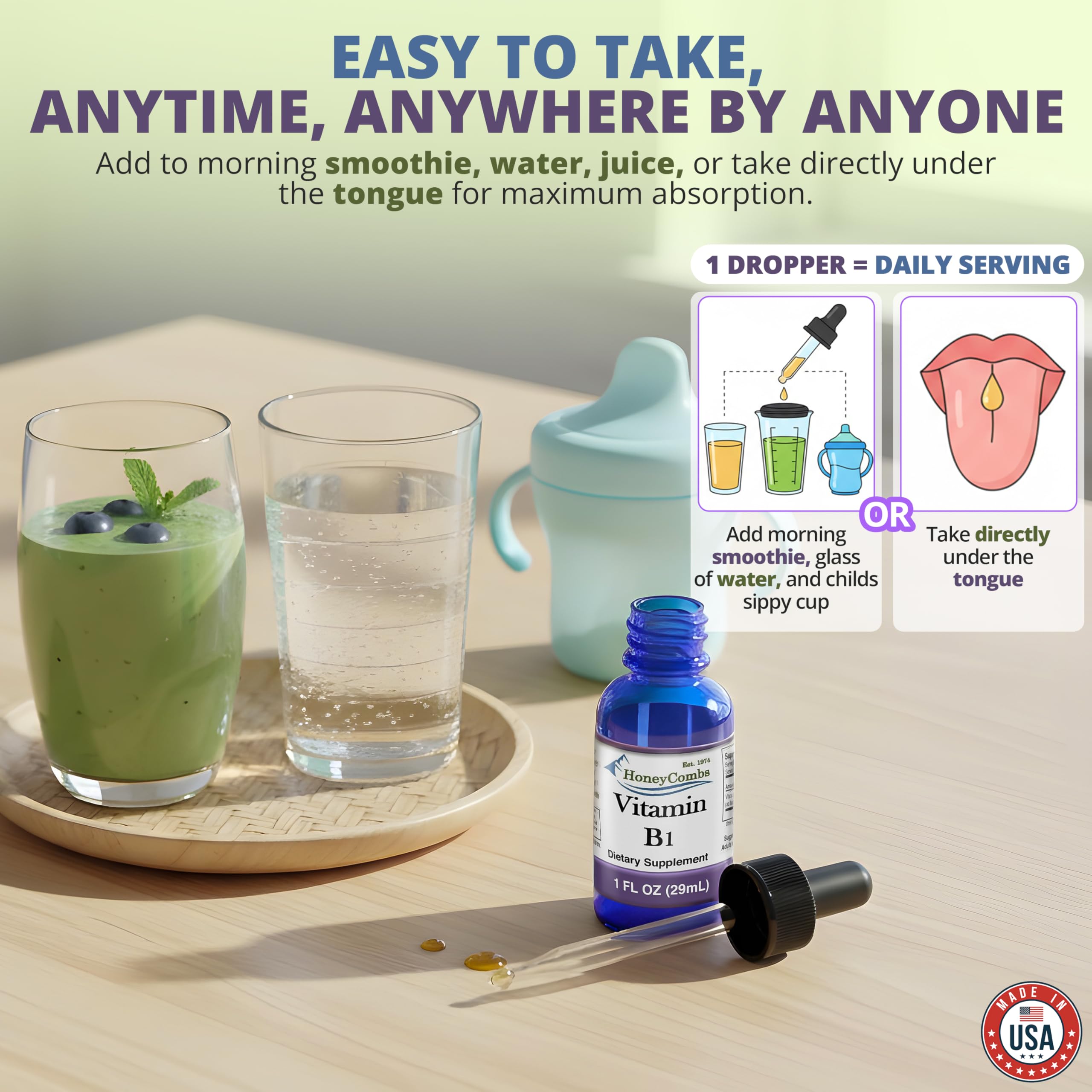 Close-up of the Vitamin B1 drop revealing smooth absorption and pure ingredients.