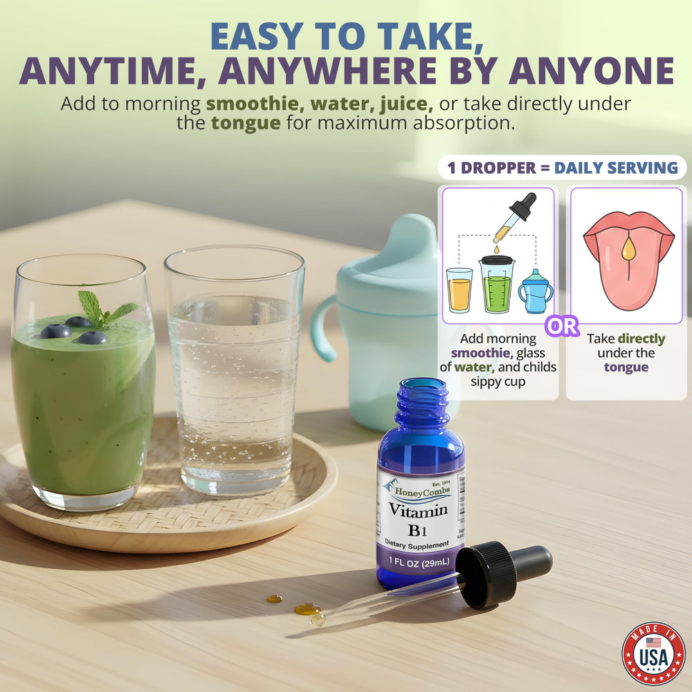 Close-up of the Vitamin B1 drop revealing smooth absorption and pure ingredients.